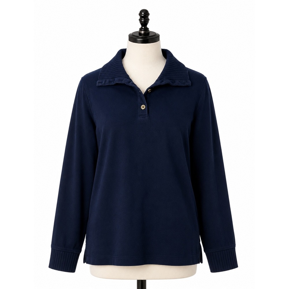 Lauren Ralph Lauren Medium M 1/4 Button Cotton Sweater Navy Blue LRL Women's